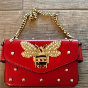 Red Designer Bee Embellished Bag